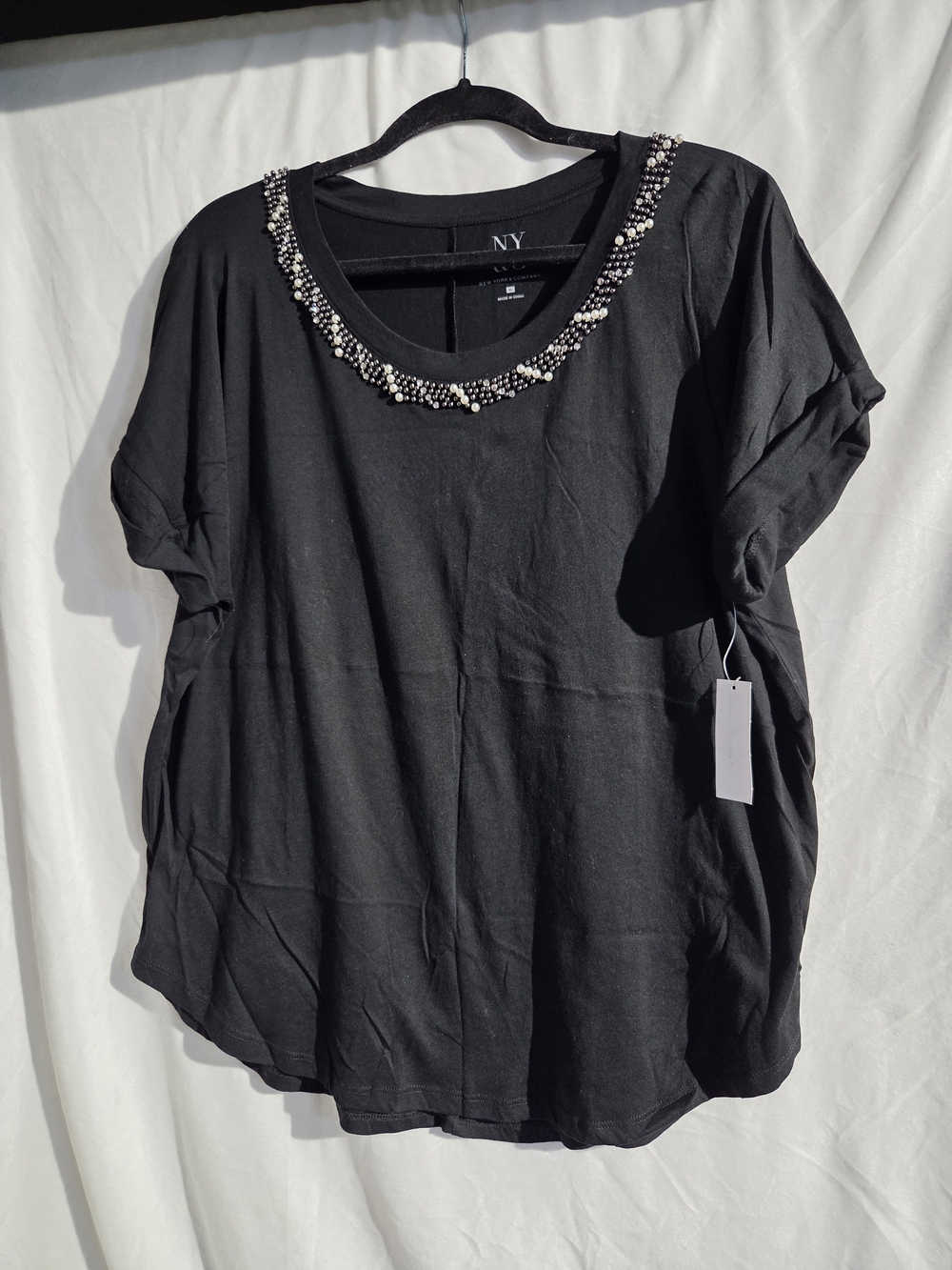 New York & Company Black Short-Sleeve Tee with Beaded Neckline